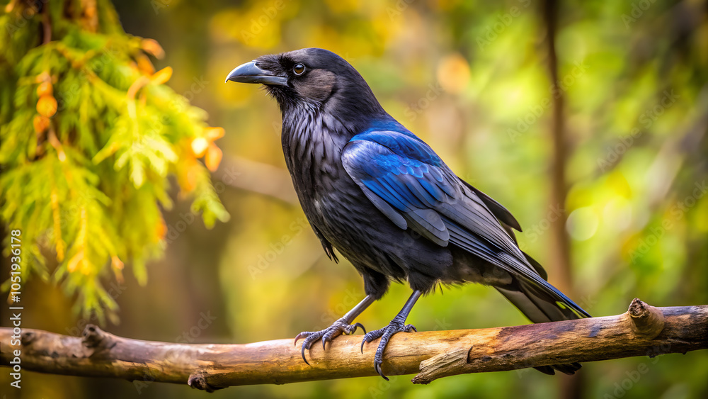 Obraz premium Black raven sat on a branch background