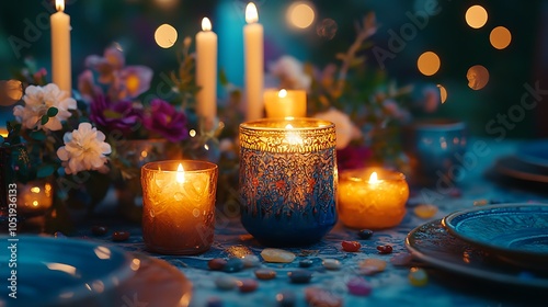 An artistic bohemian table featuring glowing candles, hand-painted ceramics, and scattered gemstones, surrounded by a softly blurred night sky full of stars. photo