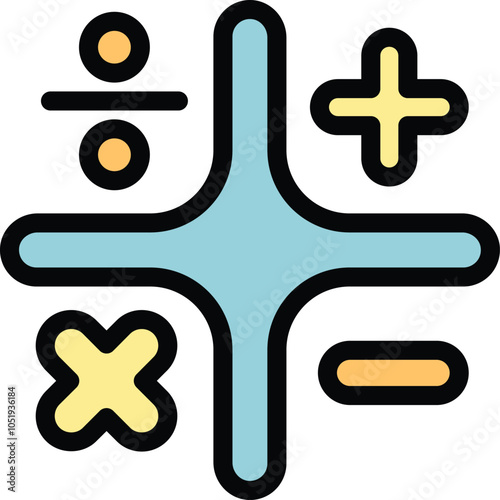Basic math symbols of adding, subtracting, multiplying, and dividing are shown on a blue cross