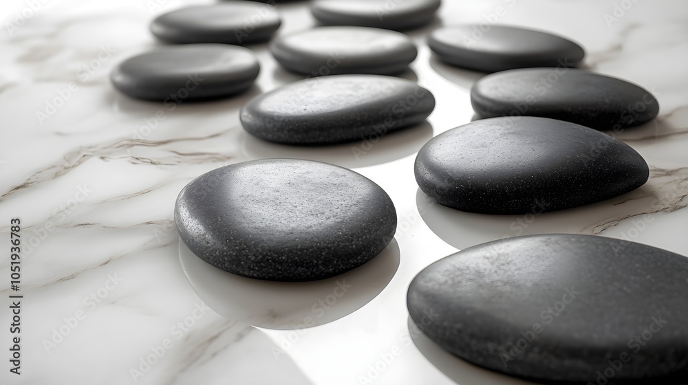 Black spa stones scattered across a white marble table, with delicate lighting, leaving space for text, perfect for wellness marketing and calming visuals Black spa stones scattered across a white marble table, with delicate lighting, leaving space for text, perfect for wellness marketing and calming visuals