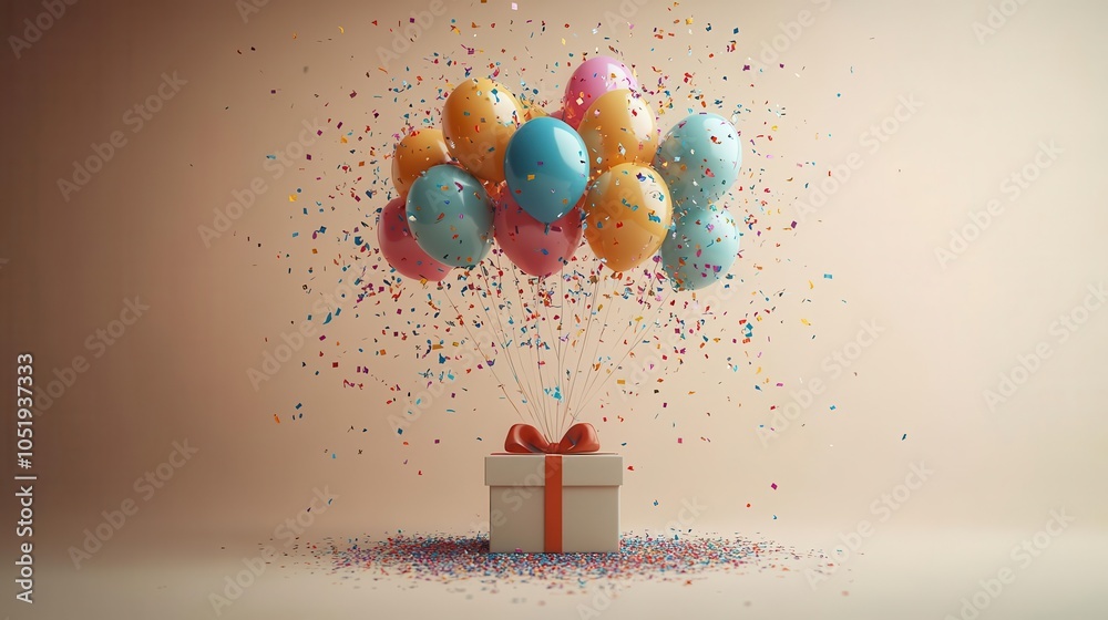 3d rendering of an open gift box with colorful balloons and festive confetti cascading outward, creating a joyful atmosphere of celebration and surprise