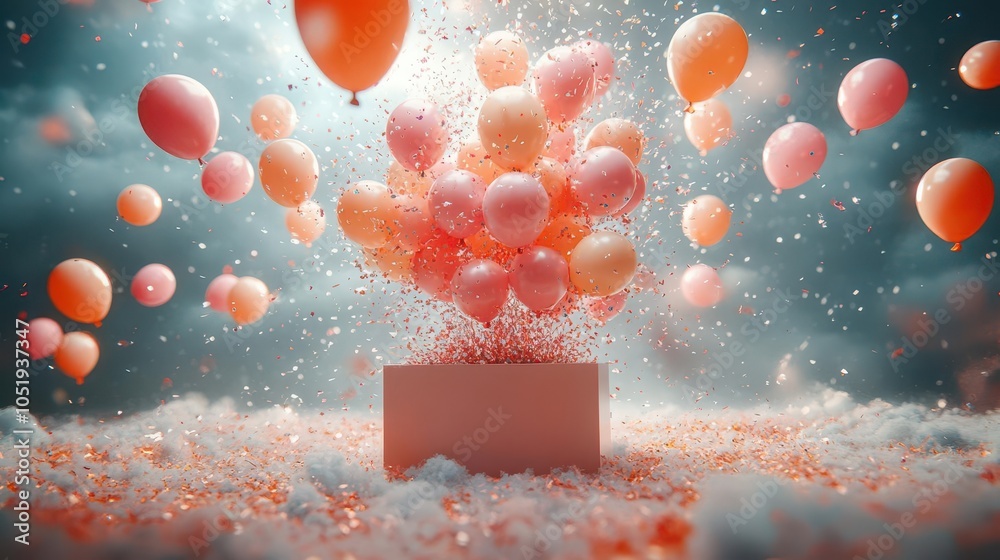 3d rendering of an open gift box with colorful balloons and festive confetti cascading outward, creating a joyful atmosphere of celebration and surprise