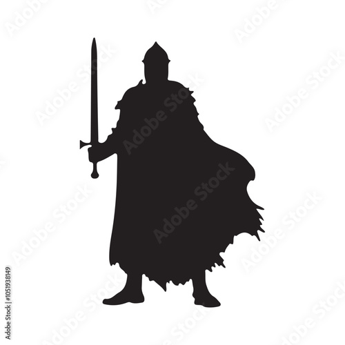 Silhouette of Medieval Knight Holding Sword.