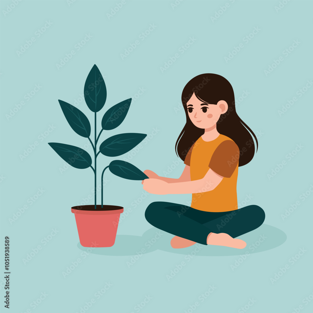 Young woman with brown hair sitting taking care of a plant. Flat vector illustration of brunette girl and plant on a plain background