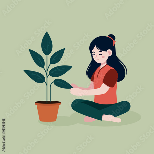 Young asian woman sitting taking care of plant. Flat vector illustration of asian girl and plant on plain backgroundlustration