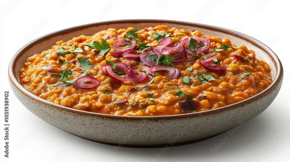 a beautiful plate of dal tadka stands isolated against a pristine white background, showcasing its rich, vibrant colors and inviting textures, making a perfect display of culinary art