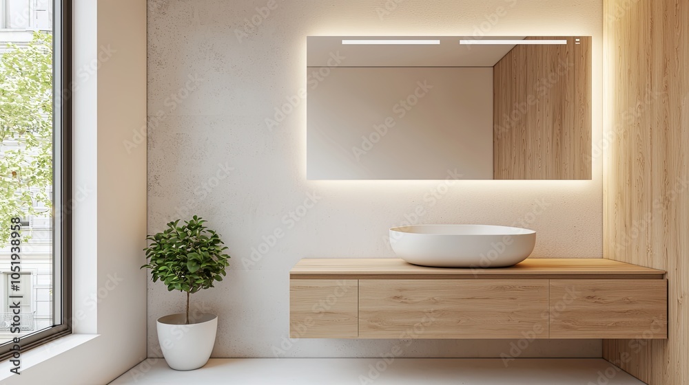Fototapeta premium A modern bathroom design featuring a sleek mirror, minimalist sink, and potted plant, showcasing natural light and wood accents.