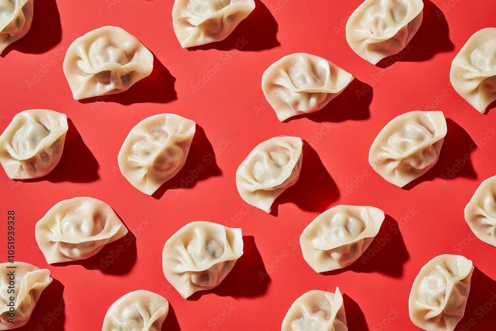 Overhead view of fresh Chinese dumplings on a red background