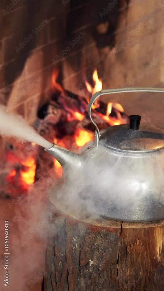 Hot kettle on wooden log. Boiling kettle on the fireplace background. Santa's hand taking kettle with hot water. Vertical video. Hot kettle on wooden log. Boiling kettle on the fireplace background. Santa's hand taking kettle with hot water. Vertical video.