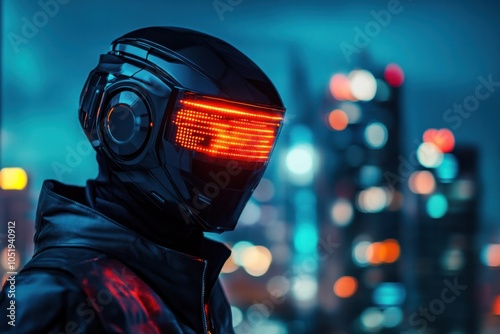 Futuristic Cyberpunk Character Wearing LED Helmet and Black Leather Jacket in Neon-Lit Cityscape at Night