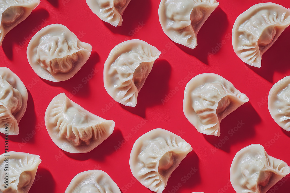Overhead view of fresh Chinese dumplings on a red background Overhead view of fresh Chinese dumplings on a red background