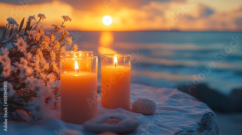 A beachside table adorned with glowing candles, white linens, and coastal elements, with a softly blurred sunset over the ocean in the background. The warm light from the candles adds a magical touch, photo