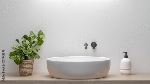 A modern bathroom scene featuring a round sink, wall faucet, decorative plant, and a soap dispenser on a wooden countertop.