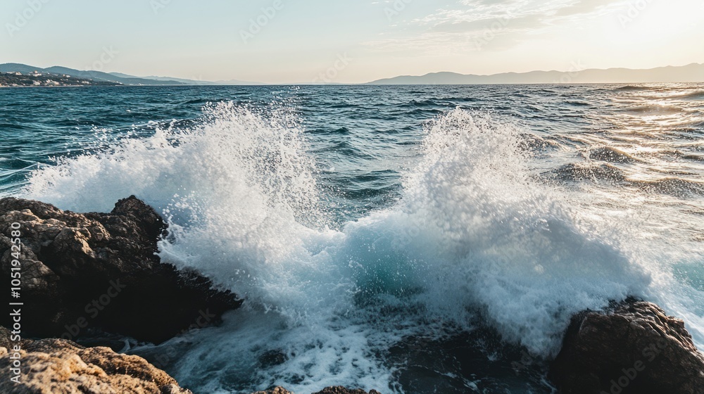 Waves crashing against rocky shore at sunset, showcasing nature's beauty and power. Waves crashing against rocky shore at sunset, showcasing nature's beauty and power.