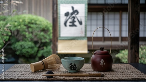 Traditional Japanese tea ceremony set with a whisk, bowl, and teapot on a bamboo mat, with a calligraphy scroll in the background. photo