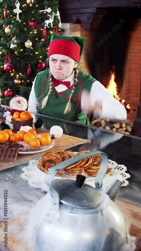 Elve playing at the table in decorated room for Christmas. Elves joking with eack other sitting next to Santa. Vertical video. Elve playing at the table in decorated room for Christmas. Elves joking with eack other sitting next to Santa. Vertical video.