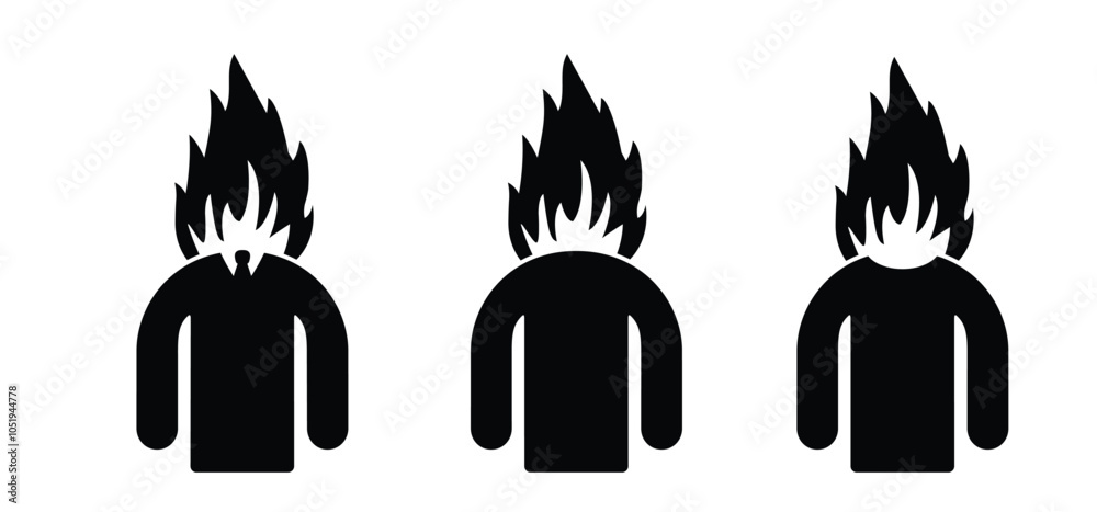 Fototapeta premium Burnout icon. Brain with fire. Cartoon stick figure man with fire head. Having problems on work, emotional stress, unhappy, psychology pressure, difficult life or in job. Stressed burnout concept.