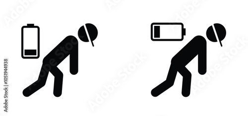 Burnout icon. Life energy. Stickman with red low battery. Brain with fire. Having problems on work, emotional stress, unhappy, psychology pressure, difficult life or in job. Stressed burnout concept.