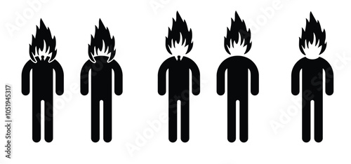 Burnout icon. Brain with fire. Cartoon stick figure man with fire head. Having problems on work, emotional stress, unhappy, psychology pressure, difficult life or in job. Stressed burnout concept.