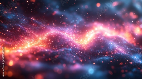 Abstract cosmic scene with vibrant colors and glowing particles.