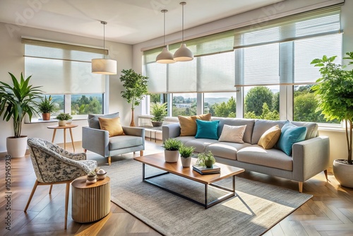 Modern Living Room with Large Windows and White Roller Blinds for Bright and Airy Interior Design