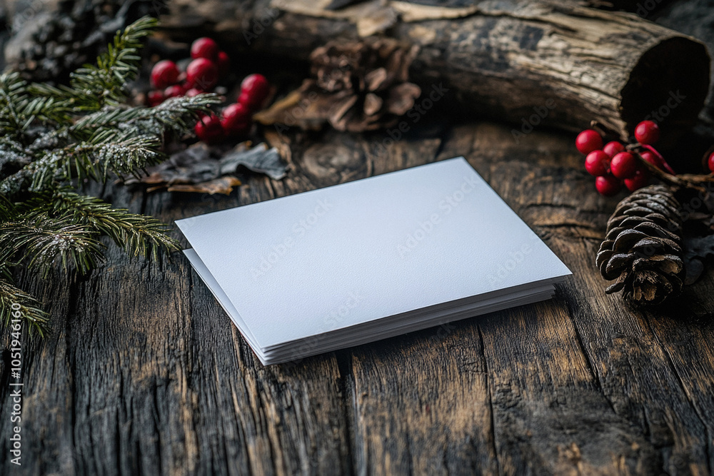Obraz premium A white card sits on a wooden table with red berries and pine cones. The card is empty, but it could be a blank card for someone to write a message on. Concept of simplicity and natural beauty
