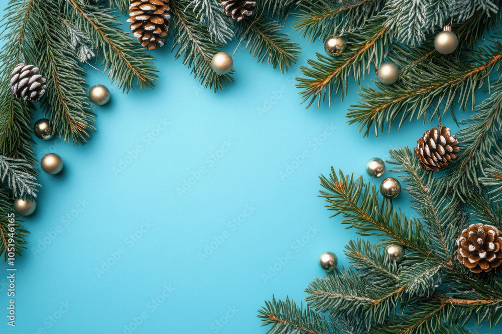 A blue background with a Christmas tree and pine cones. The pine cones are in various sizes and are scattered around the tree A blue background with a Christmas tree and pine cones. The pine cones are in various sizes and are scattered around the tree