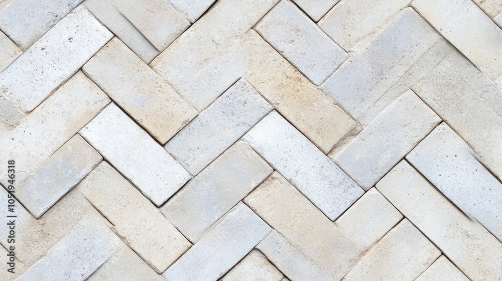 Obraz premium The chevron pattern wall features a blend of earth tones and gray with natural stone tiles, creating a stylish interior design feature
