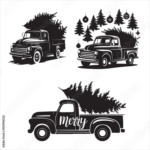 set of vector christmas truck silhouette