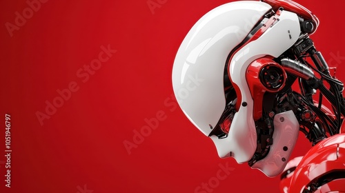 A sleek white and red humanoid robot with intricate mechanics visible, reflecting sophistication and the fusion of human and machine in futuristic design and artificial intelligence. photo