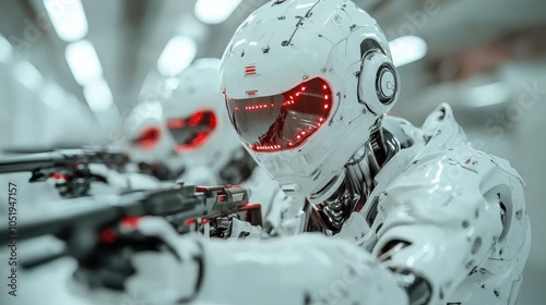 Robots clad in white armor aim their firearms with precision, forming an intimidating presence indoors, evoking themes of technology, control, and futuristic imagery. photo