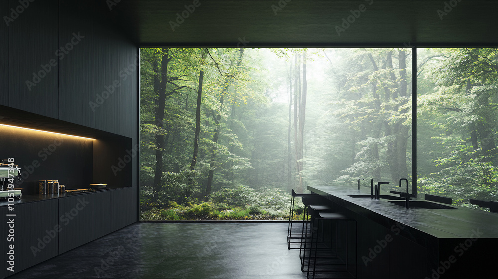 Fototapeta premium Serenity in Black: A Modern Forest Café Retrea