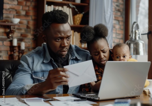 Concerned family of three faces financial challenges, reviewing bills and managing expenses online, highlighting the stress of budgeting at home