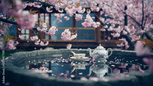 Tea set placed on a stone basin filled with water and surrounded by falling cherry blossoms. photo