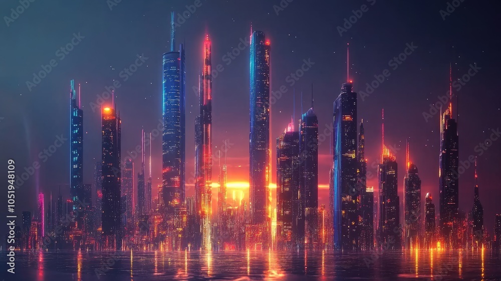 Fototapeta premium Futuristic skyline with illuminated towers, capturing the vision of advanced technology and modern city innovation