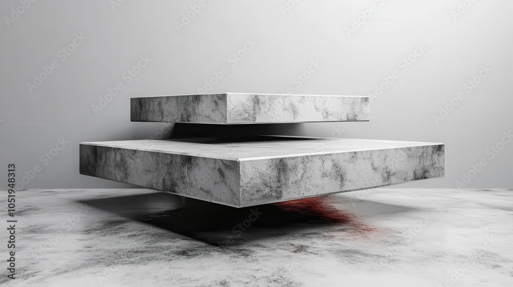 Two large stone slabs hover above a smooth, neutral surface as though defying gravity, depicting a modern artistic interpretation of balance and ambiguity. Two large stone slabs hover above a smooth, neutral surface as though defying gravity, depicting a modern artistic interpretation of balance and ambiguity.