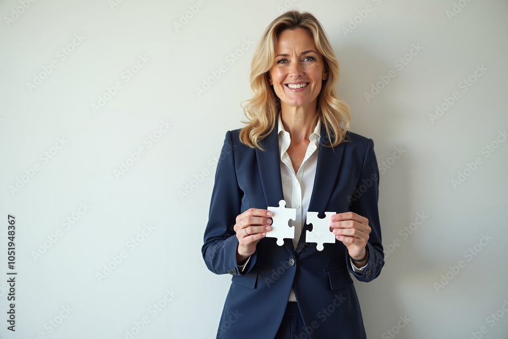blonde woman smiling in a blue suit holding two wooden puzzle pieces against a white background blonde woman smiling in a blue suit holding two wooden puzzle pieces against a white background