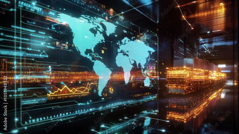 Obraz premium A holographic display showing global trade routes powered by blockchain technology and AI-driven logistics