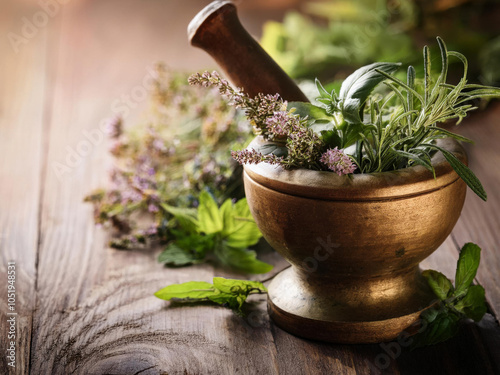 mortar with herbs