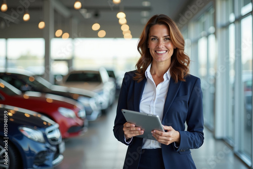 attractive brunette woman smiling in a navy suit holding a tablet standing in a modern car dealership with a blue car in the background