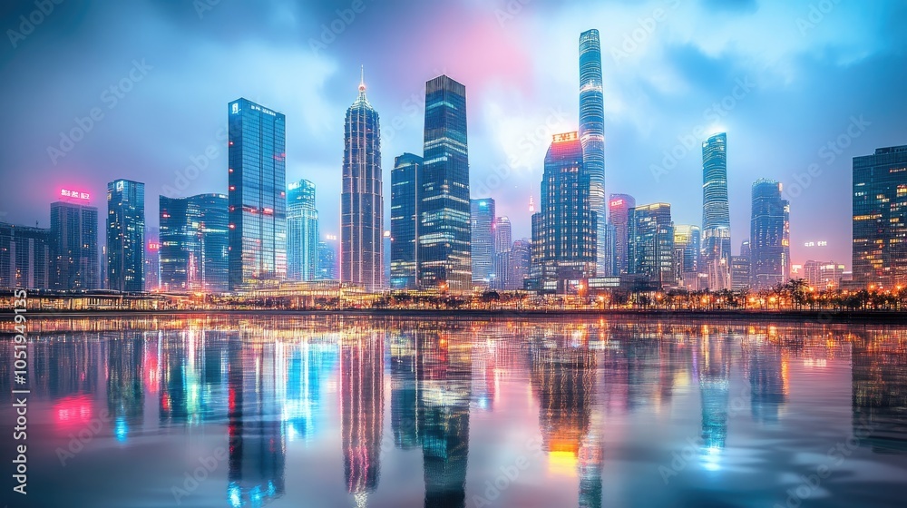Obraz premium Modern cityscape with illuminated skyscrapers, symbolizing a vision of advanced science and technological innovation
