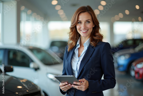 attractive brunette woman smiling in a navy suit holding a tablet standing in a modern car dealership with a blue car in the background