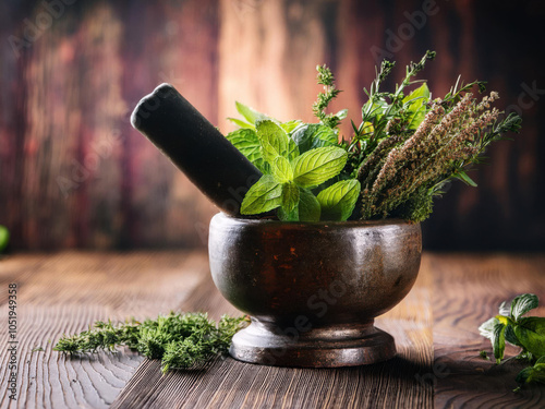 mortar with herbs