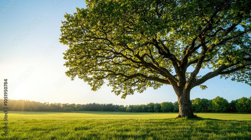 Obraz premium Lush green tree in a sunlit field, serene nature setting, vibrant outdoor scenery.