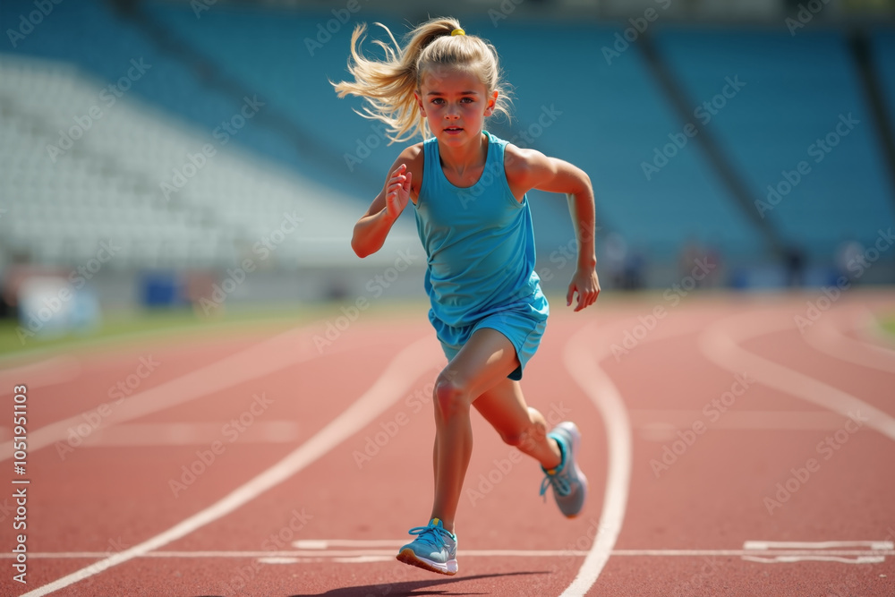 Fototapeta premium blonde athletic young girl in a blue tank top and shorts running on a track background features blurred stadium seating and a green field