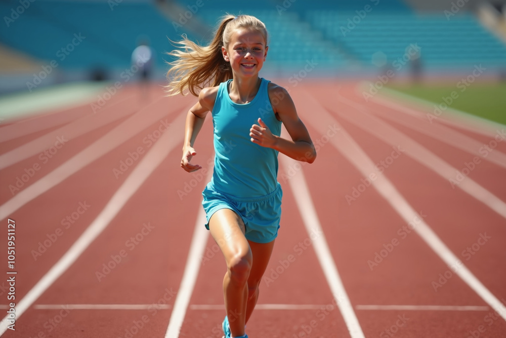 Obraz premium blonde athletic young girl in a blue tank top and shorts running on a track background features blurred stadium seating and a green field
