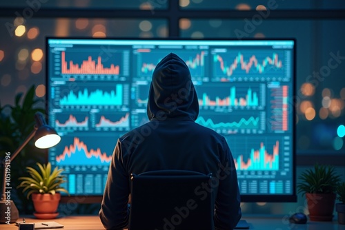 person with their back to the camera wearing a dark hoodie sitting in front computer monitors displaying various colorful data photo