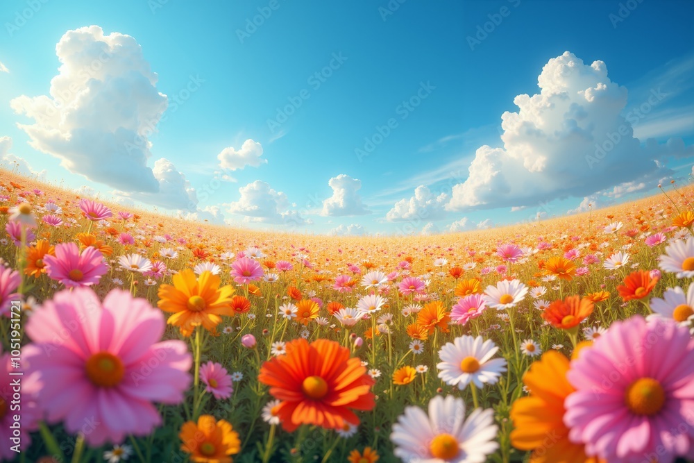 vast field filled with blooming pink and orange tulips under a bright blue sky with fluffy white clouds vast field filled with blooming pink and orange tulips under a bright blue sky with fluffy white clouds
