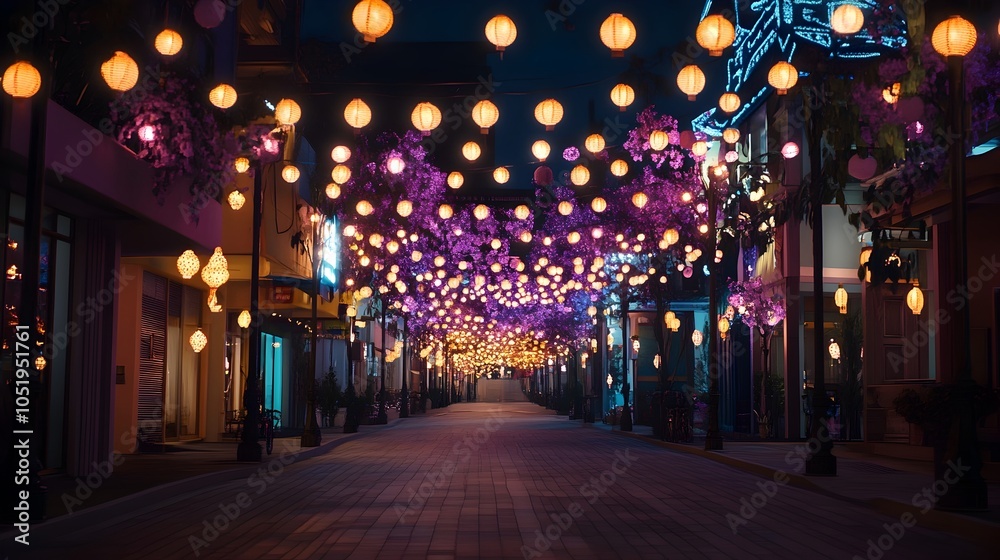 Vibrant Glowing Street with Festive Lanterns and Lights,Colorful Atmosphere Vibrant Glowing Street with Festive Lanterns and Lights,Colorful Atmosphere