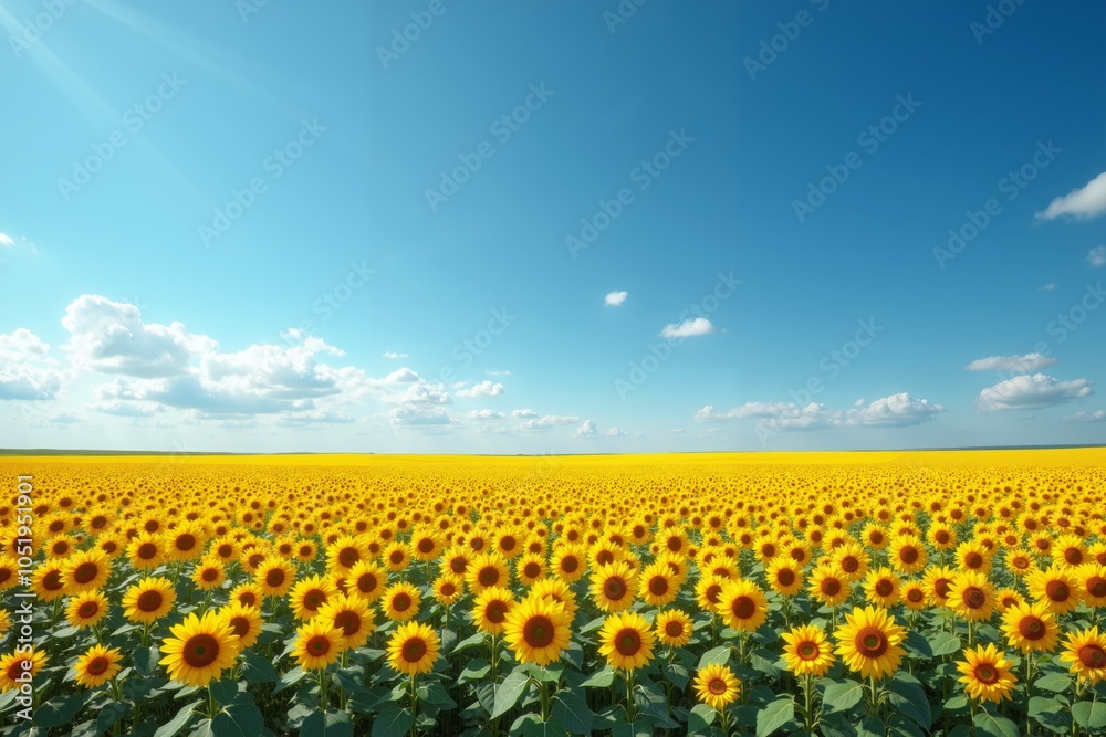 Fototapeta premium field of bright yellow sunflowers under a clear blue sky with fluffy white clouds capturing the essence of a sunny day in a sunflower field